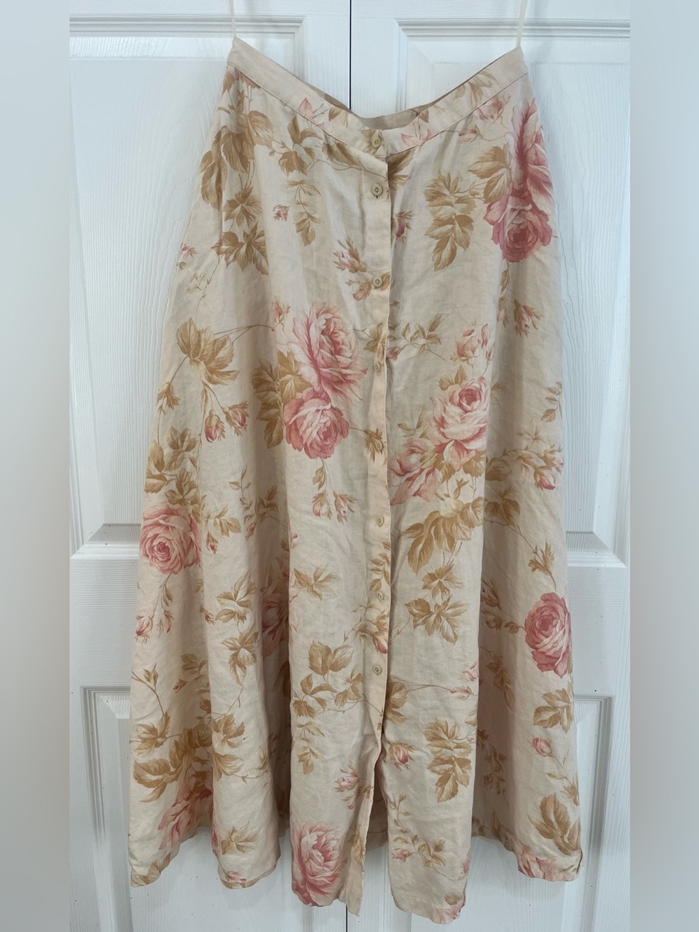 Vintage Lauren Ralph Lauren 100% linen floral button-front midi skirt, size 8.